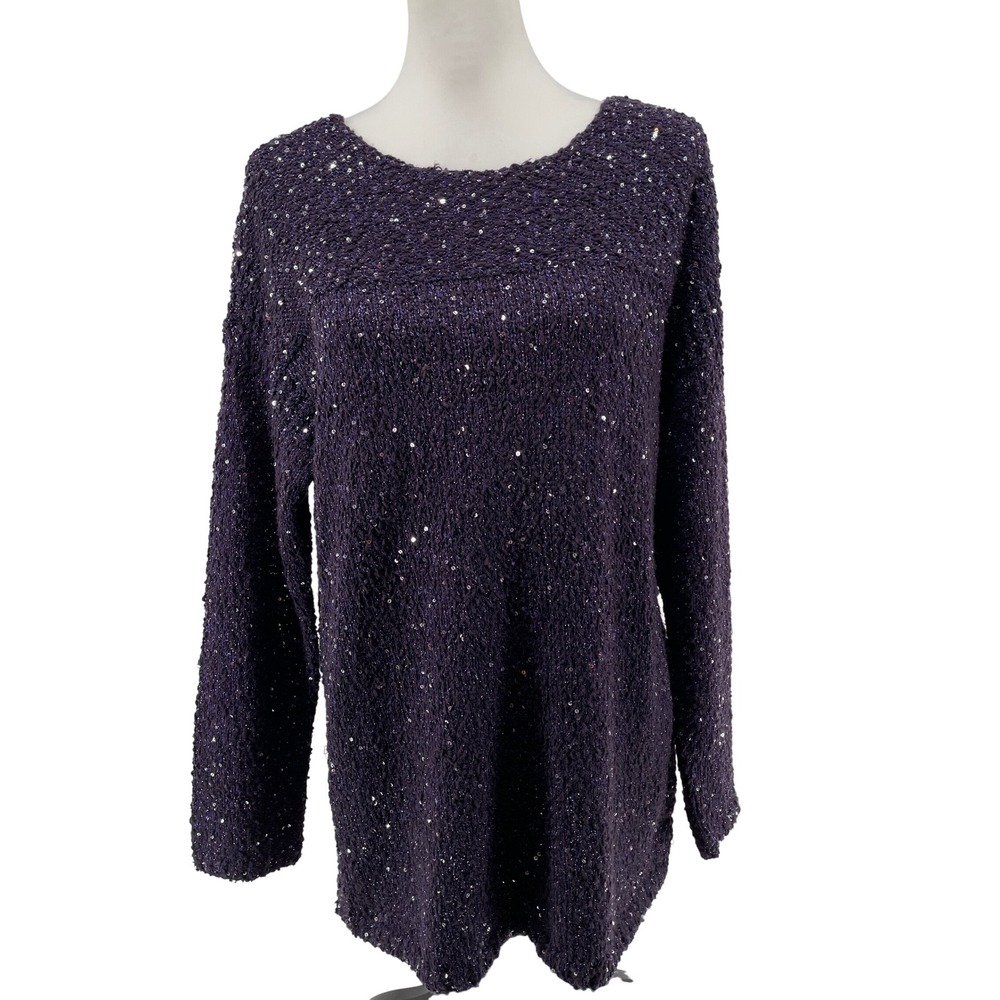 Chico's Sequin Knit Sweater Women XL Purple Metallic Long Sleeve Sparkle Holiday